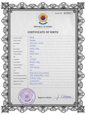 South Korea birth certificate PSD template, completely editable