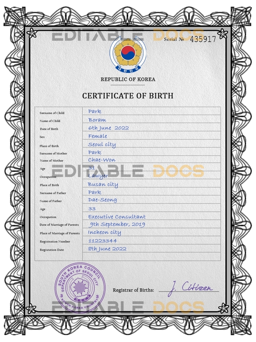 Authentic South Korea Birth Certificate Template | Customize and Download Online