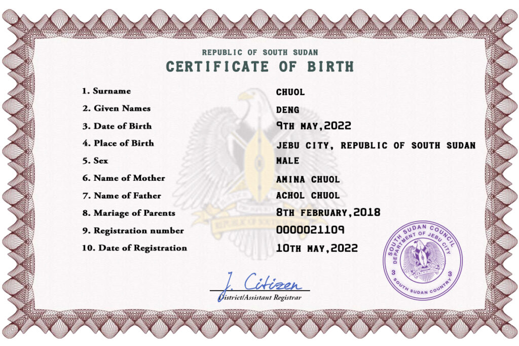 Authentic South Sudan Birth Certificate Template | Customize and Download Online