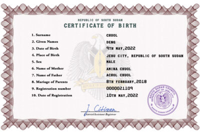 Authentic South Sudan Birth Certificate Template | Customize and Download Online