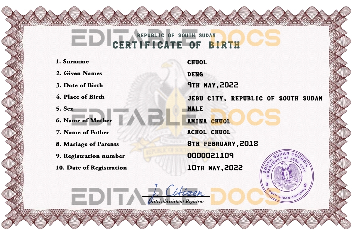 Authentic South Sudan Birth Certificate Template | Customize and Download Online