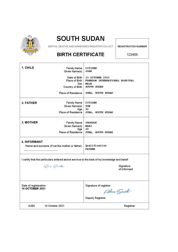 South Sudan vital record birth certificate Word and PDF template, completely editable