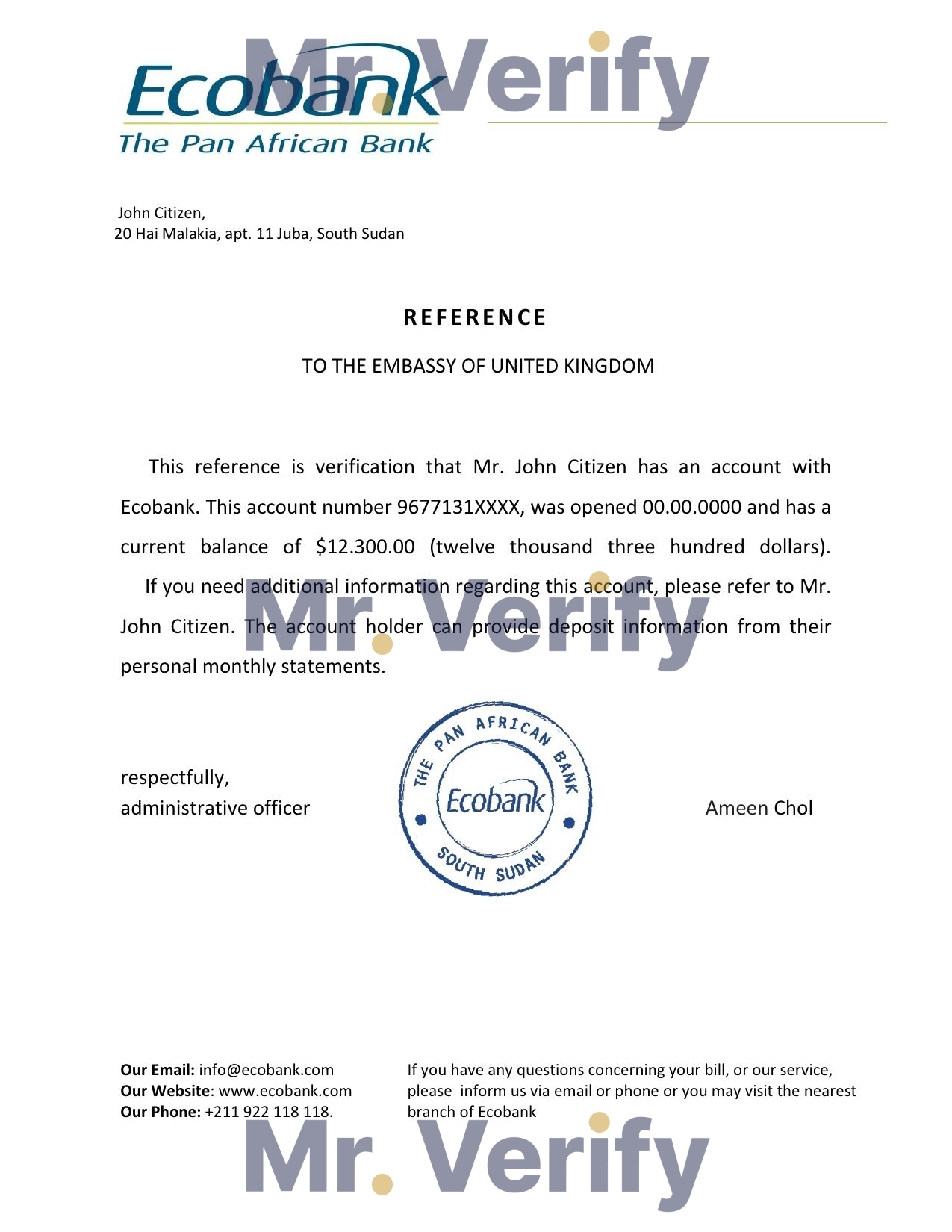 Download South Sudan Ecobank Bank Reference Letter Templates | Editable Word