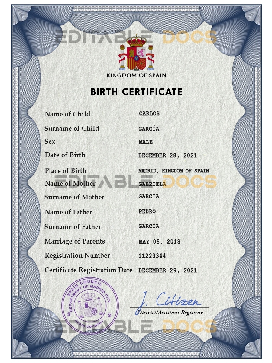 Authentic Spain Birth Certificate Template | Customize and Download Online