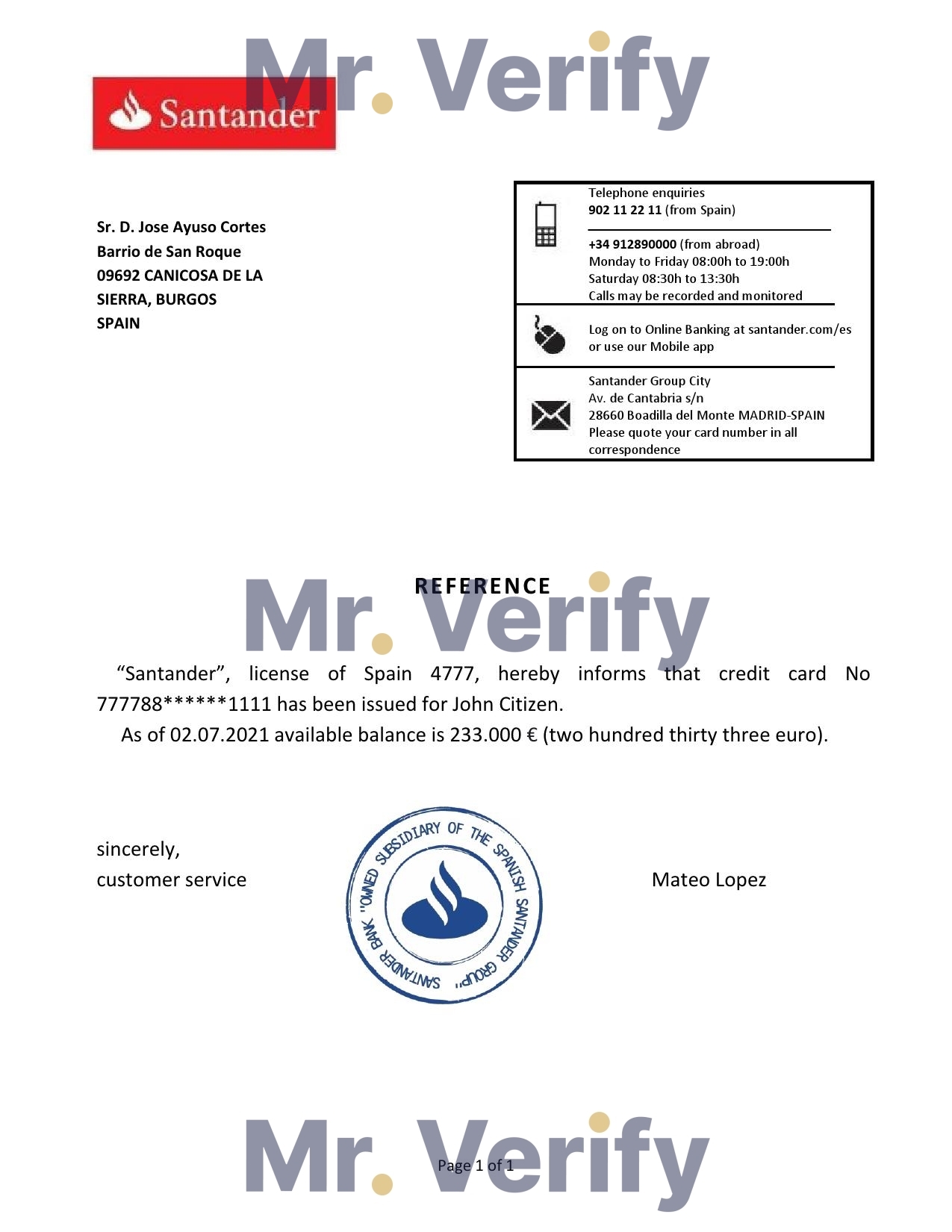 Download Spain Santander Bank Reference Letter Templates | Editable Word