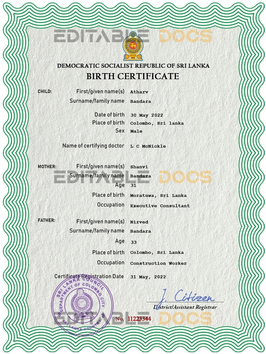 Authentic Sri Lanka Birth Certificate Template | Customize and Download Online