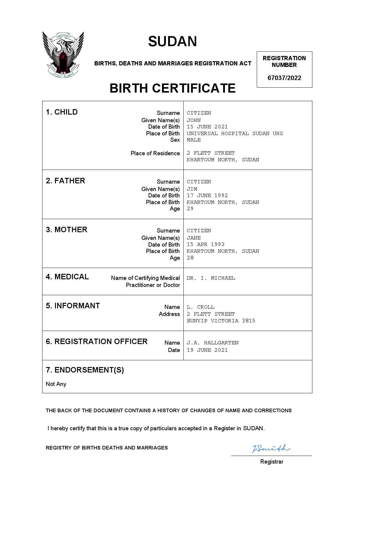 Authentic Sudan Birth Certificate Template | Customize and Download Online