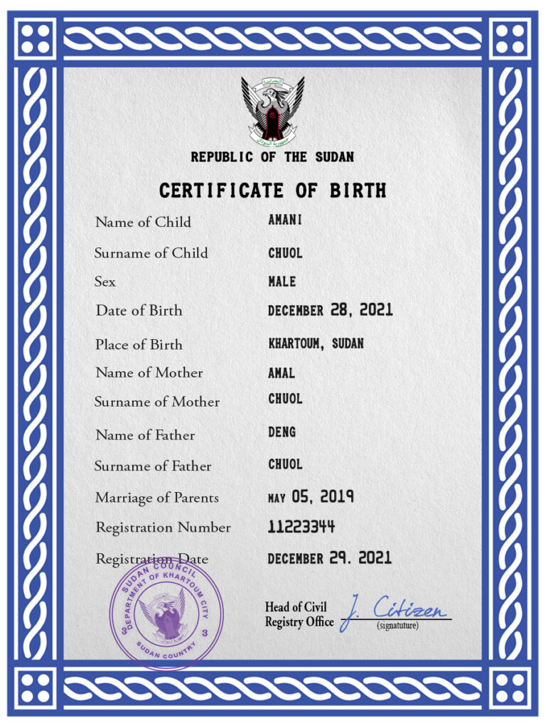 Authentic Sudan Birth Certificate Template | Customize and Download Online