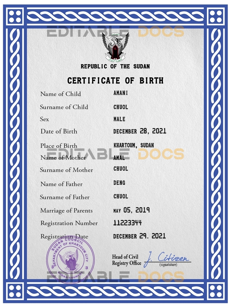 Authentic Sudan Birth Certificate Template | Customize and Download Online