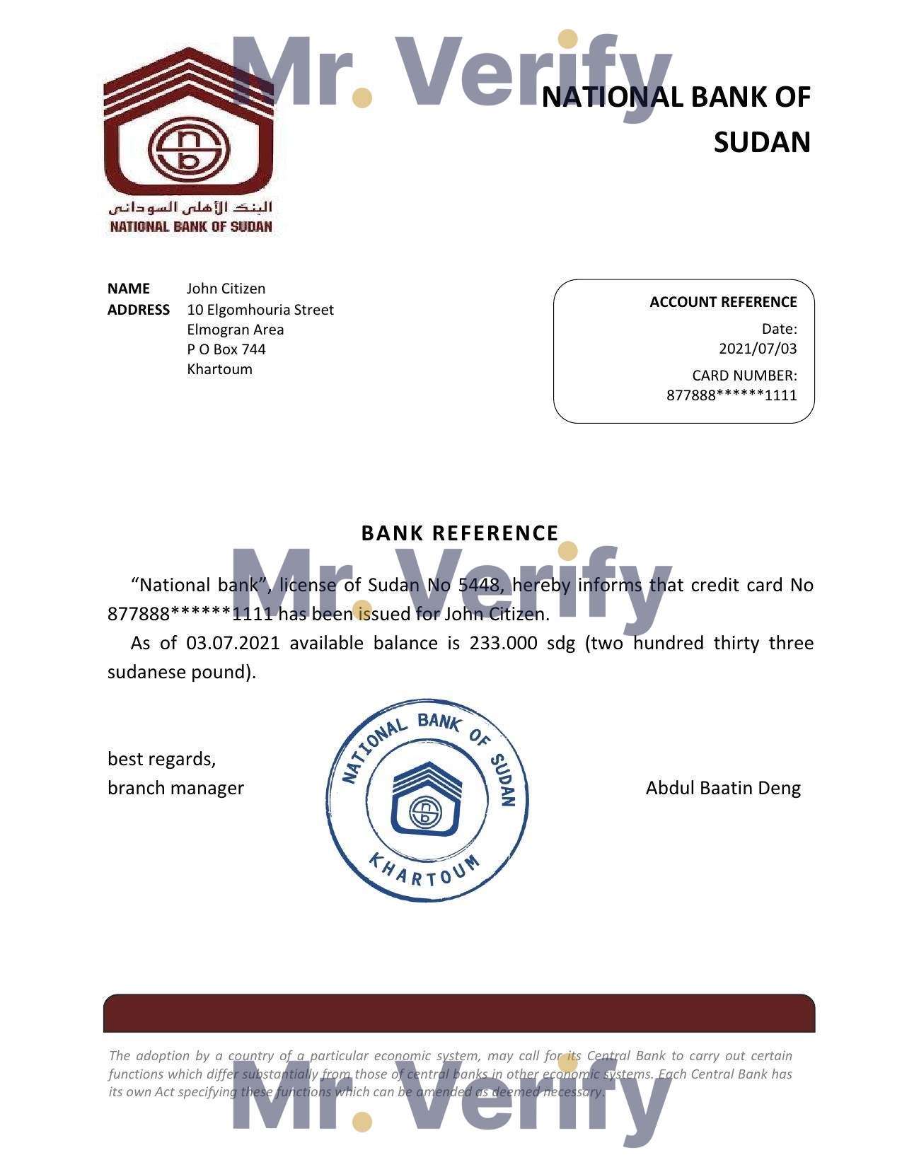 Download Sudan National Bank of Sudan Bank Reference Letter Templates | Editable Word