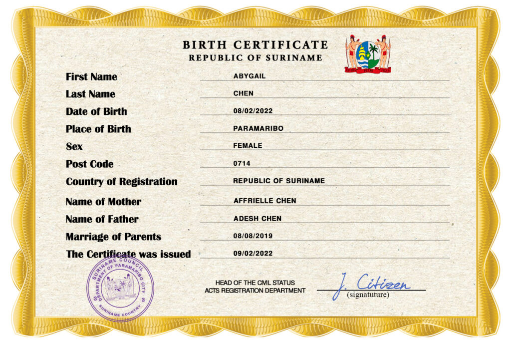 Authentic Suriname Birth Certificate Template | Customize and Download Online