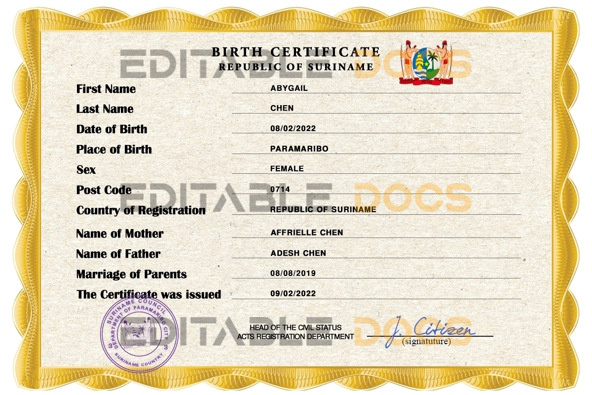 Authentic Suriname Birth Certificate Template | Customize and Download Online