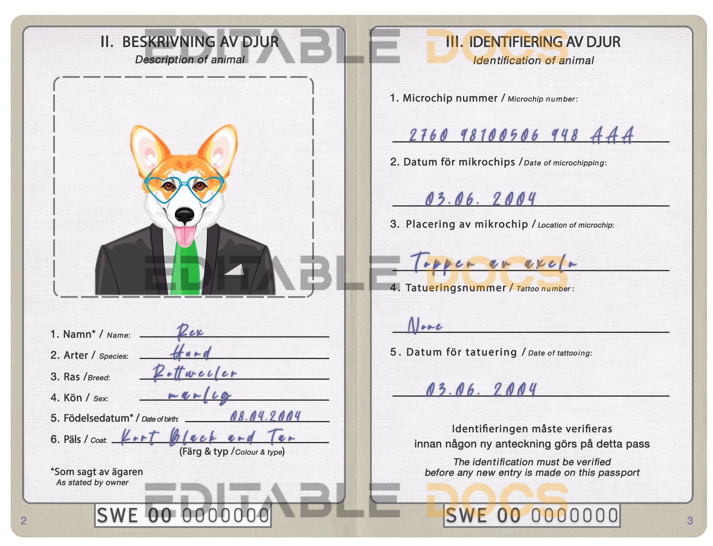 Sweden dog Fake PSD Passport | Instant Download