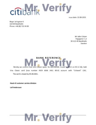 Download Sweden Citibank Bank Reference Letter Templates | Editable Word