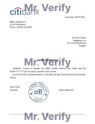 Download Sweden Citibank Bank Reference Letter Templates | Editable Word