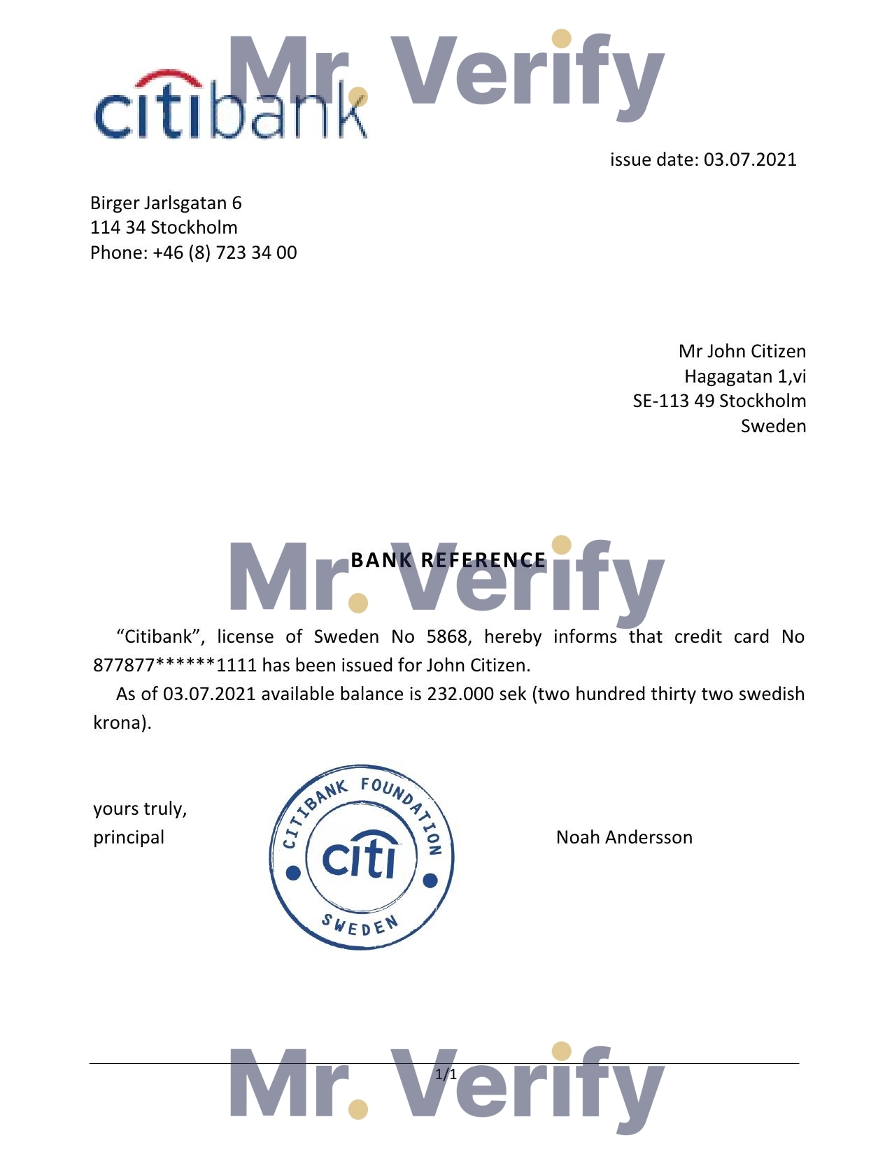 Download Sweden Citibank Bank Reference Letter Templates | Editable Word
