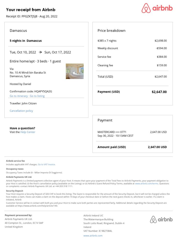 Customizable Syria Airbnb Reservation Template | Word & PDF Formats