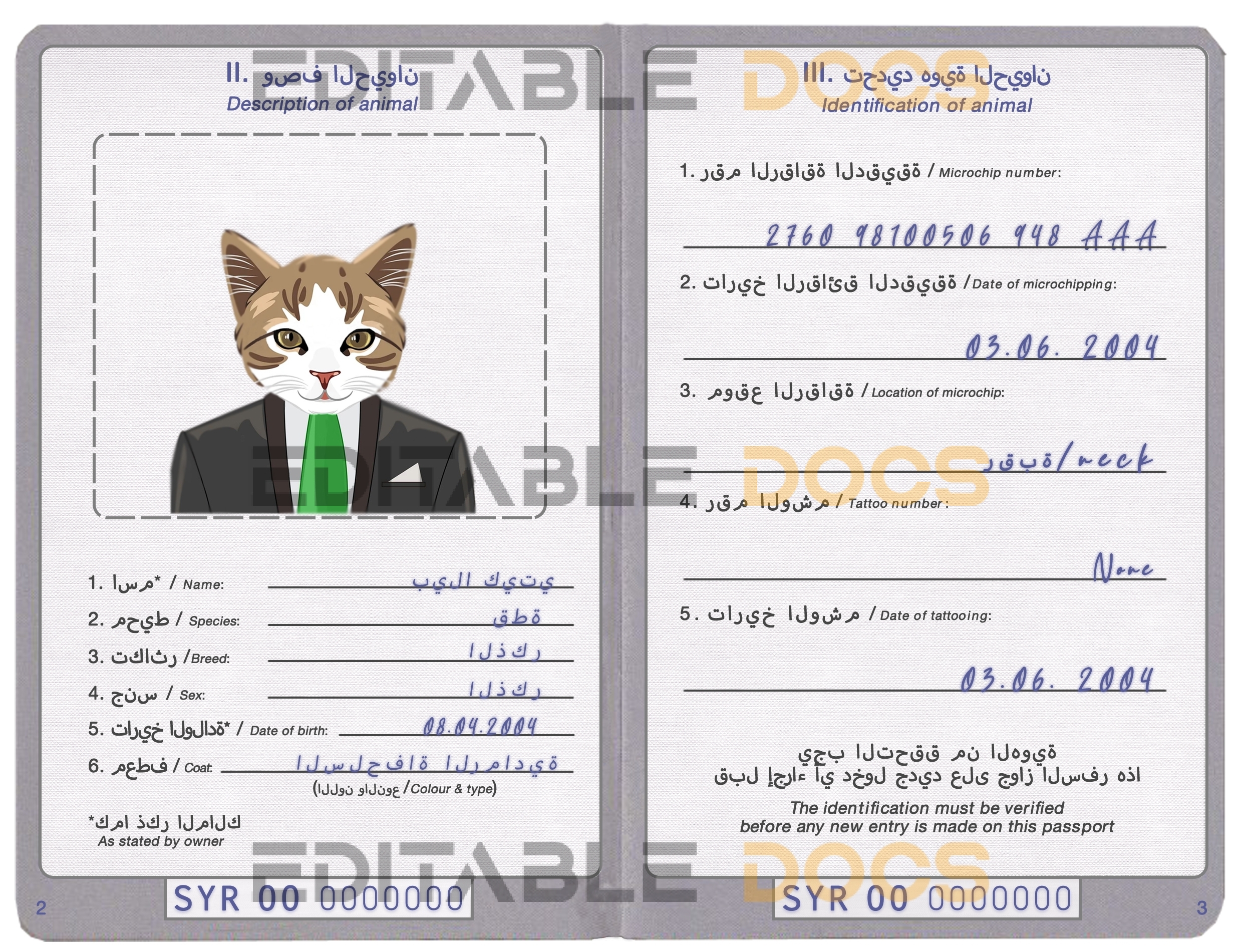 Syria cat Fake PSD Passport | Instant Download
