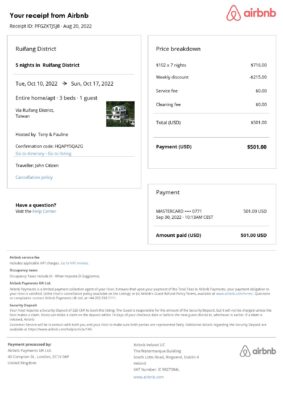 Customizable Taiwan Airbnb Reservation Template | Word & PDF Formats