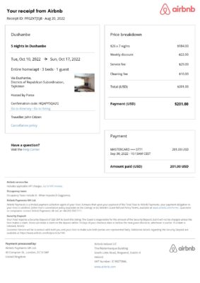 Customizable Tajikistan Airbnb Reservation Template | Word & PDF Formats