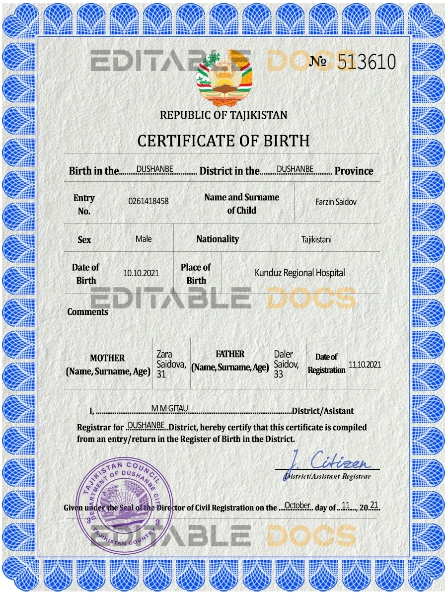 Authentic Tajikistan Birth Certificate Template | Customize and Download Online