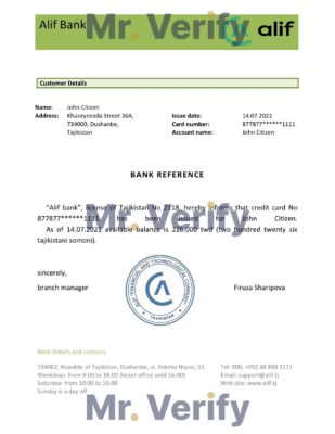 Download Tajikistan Alif Bank Reference Letter Templates | Editable Word