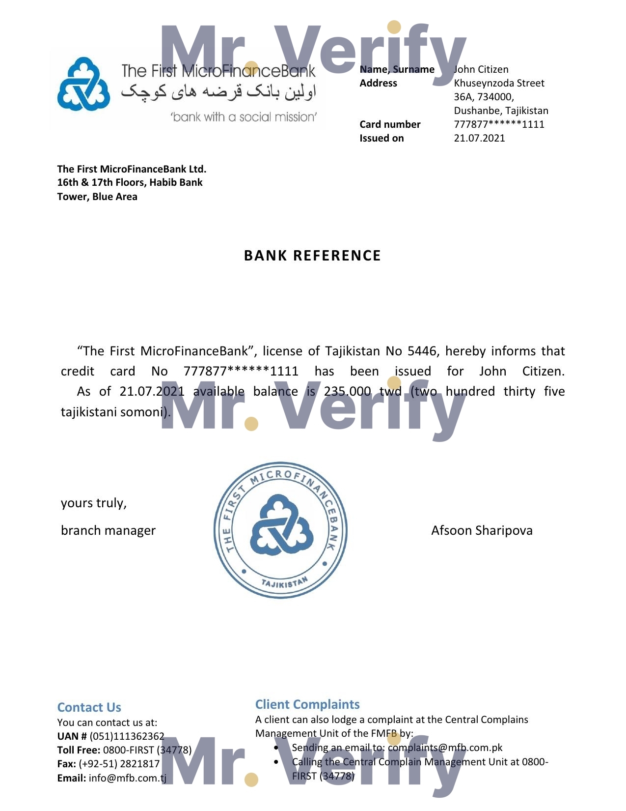 Download Tajikistan The First MicroFinanceBank Bank Reference Letter Templates | Editable Word