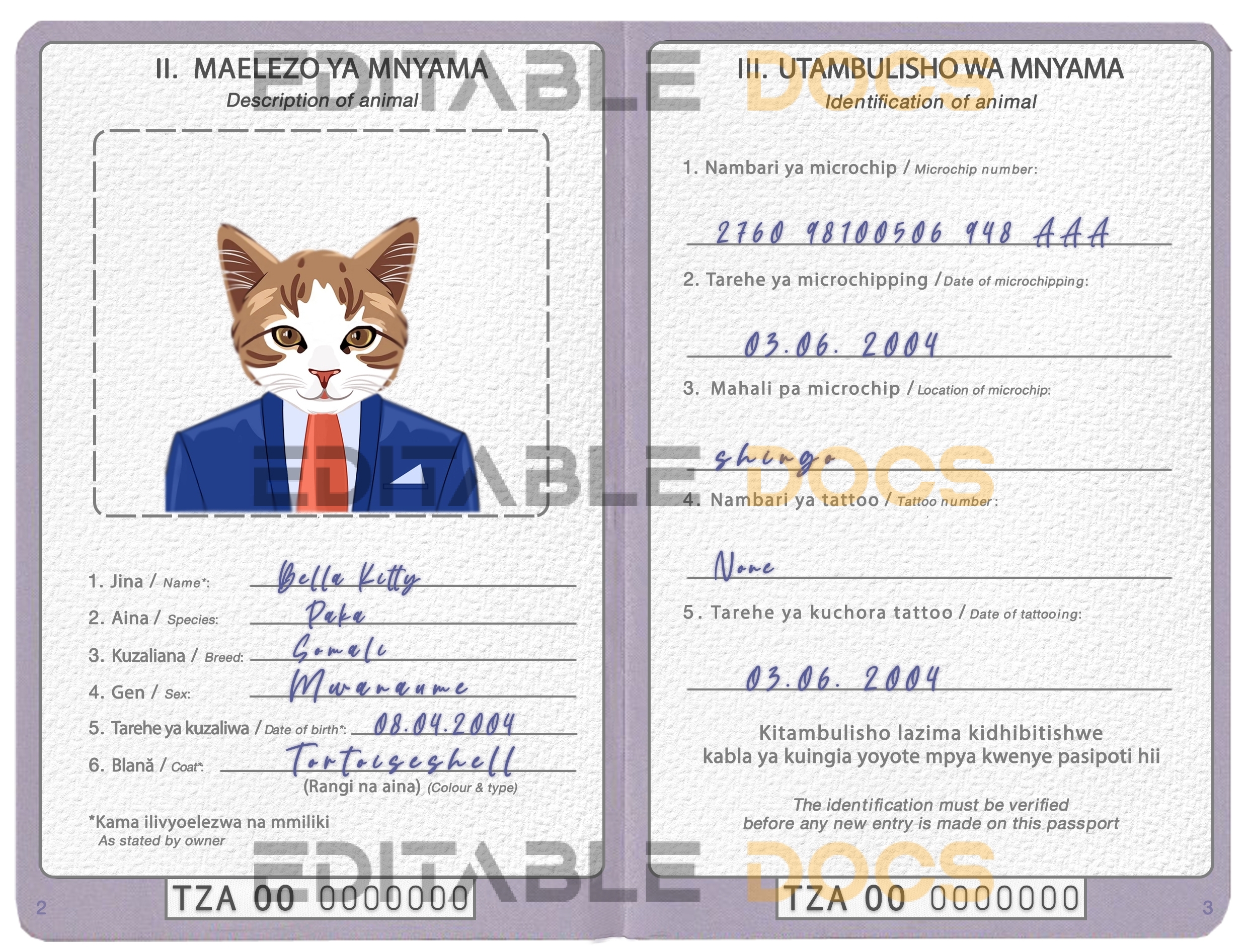 Tanzania cat Fake PSD Passport | Instant Download