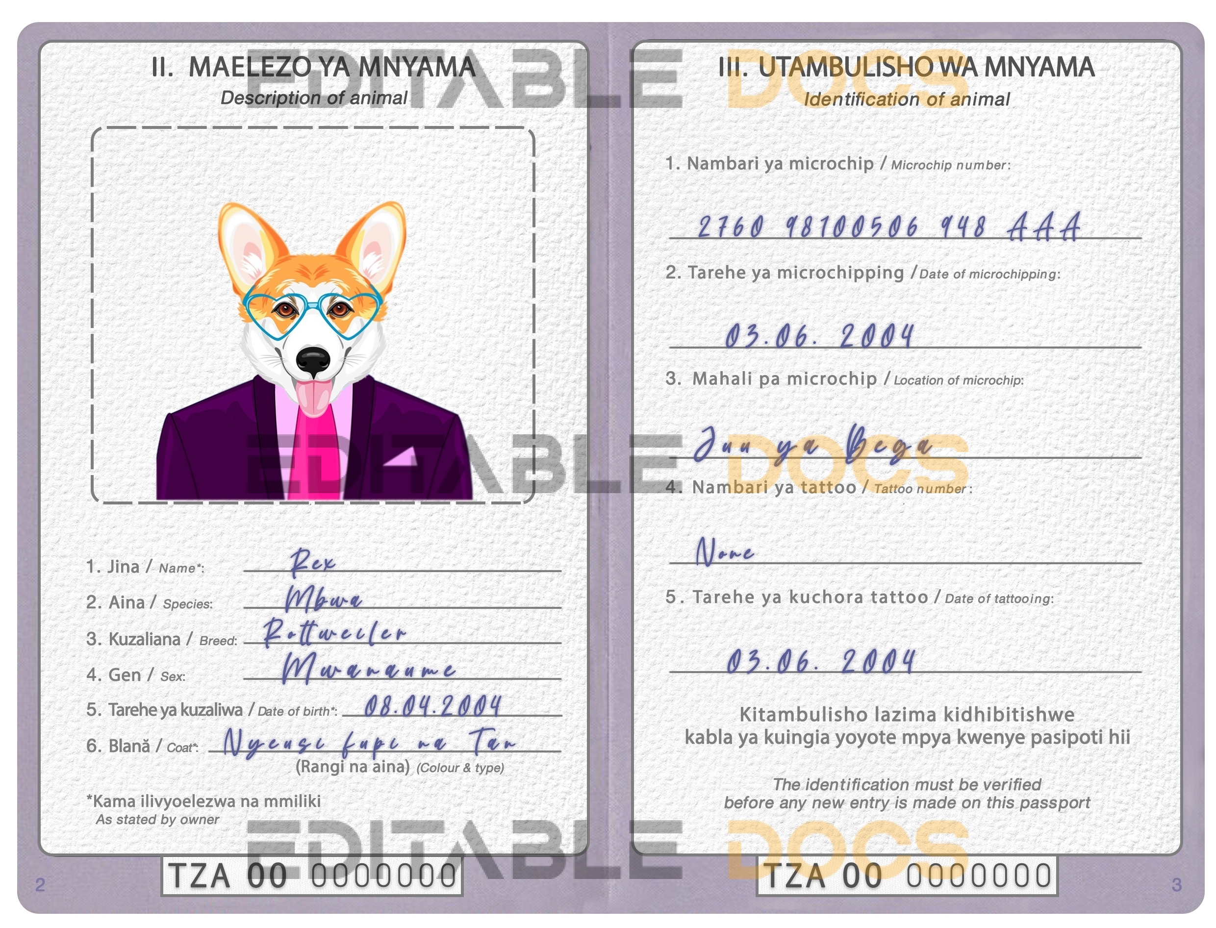 Tanzania dog Fake PSD Passport | Instant Download