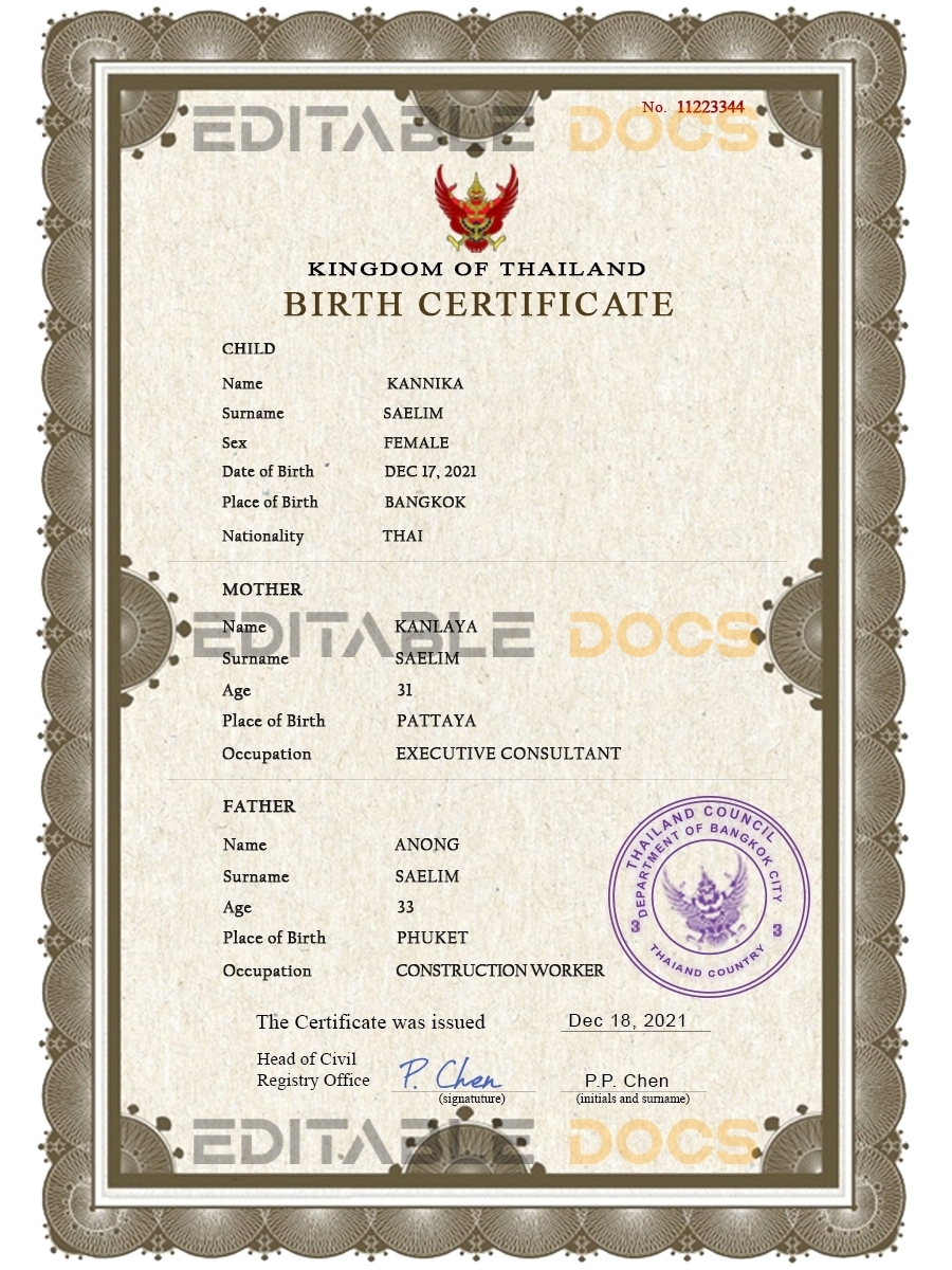 Authentic Thailand Birth Certificate Template | Customize and Download Online