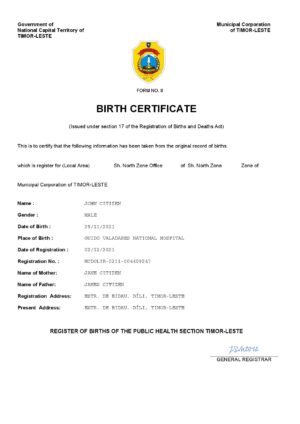 Timor-Leste birth certificate Word and PDF template, completely editable