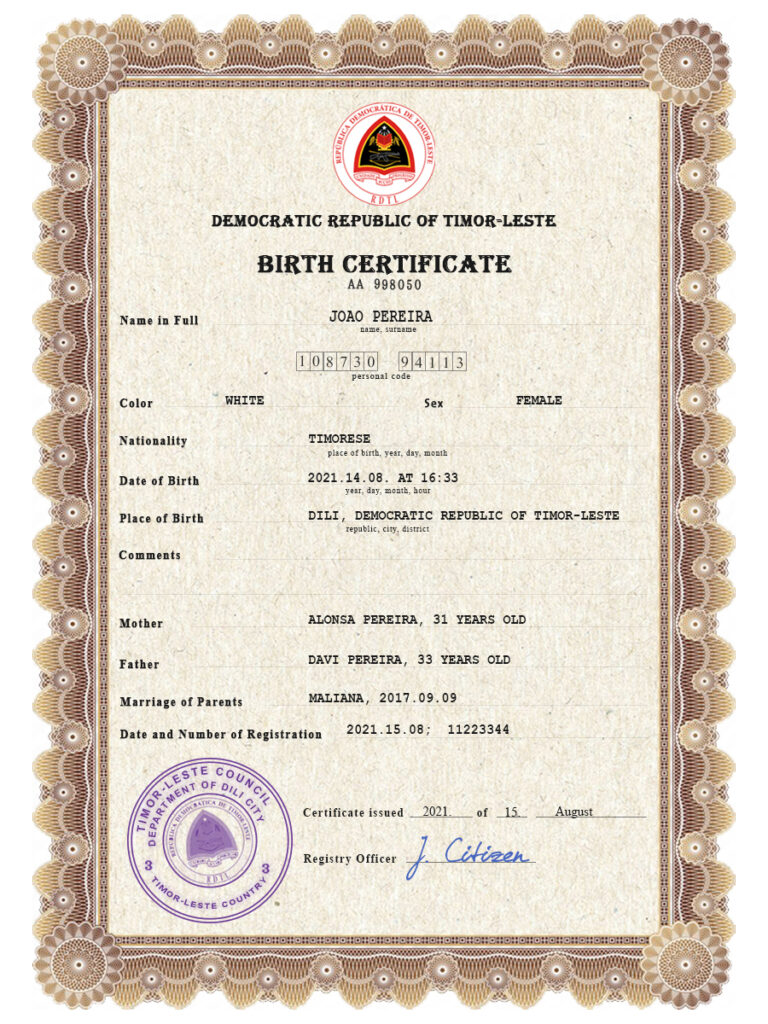 Timor-Leste vital record birth certificate PSD template