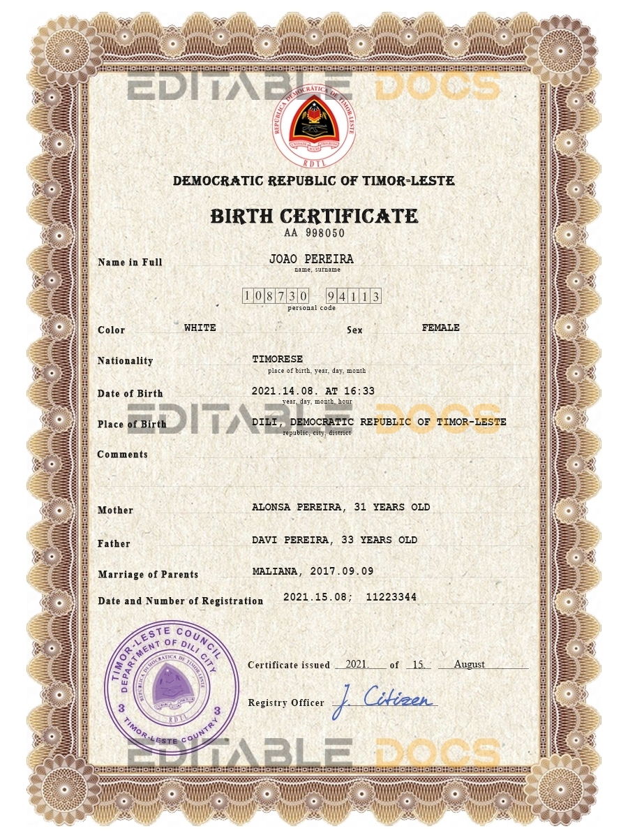 Authentic Timor-Leste Birth Certificate Template | Customize and Download Online