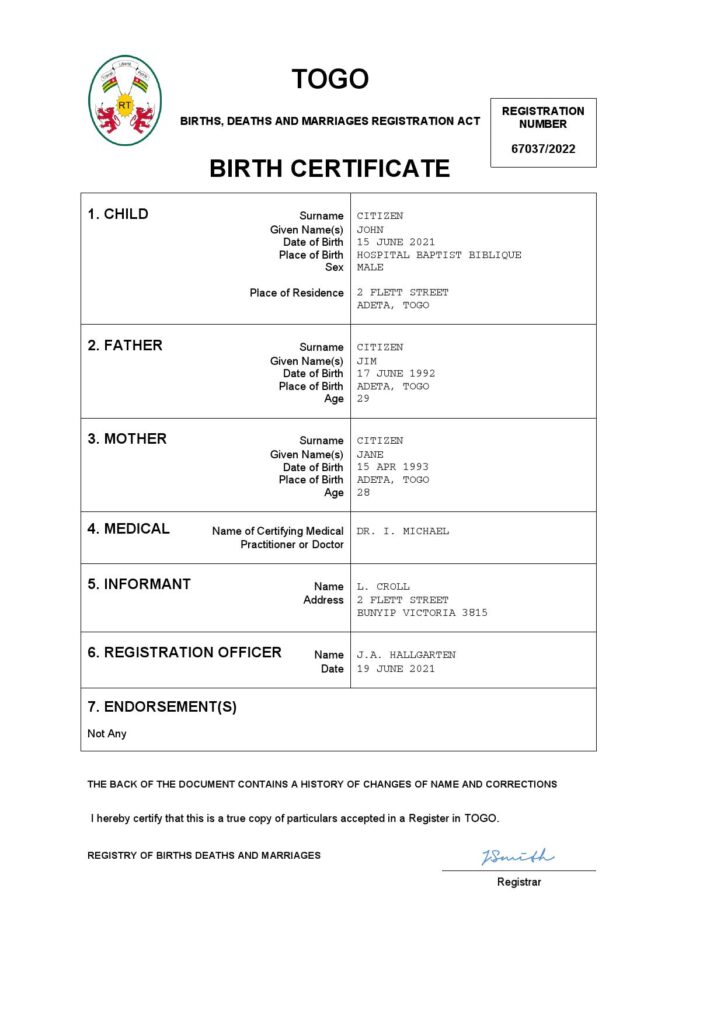 Togo vital record birth certificate Word and PDF template, completely editable
