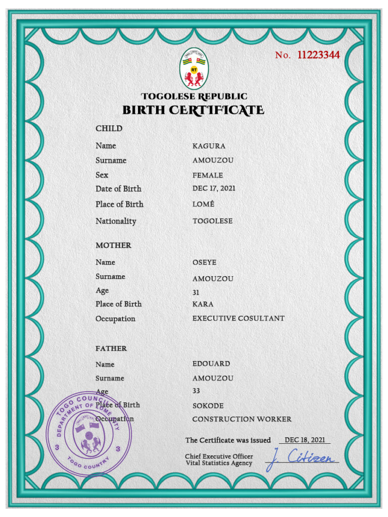 Togo birth certificate PSD template, completely editable