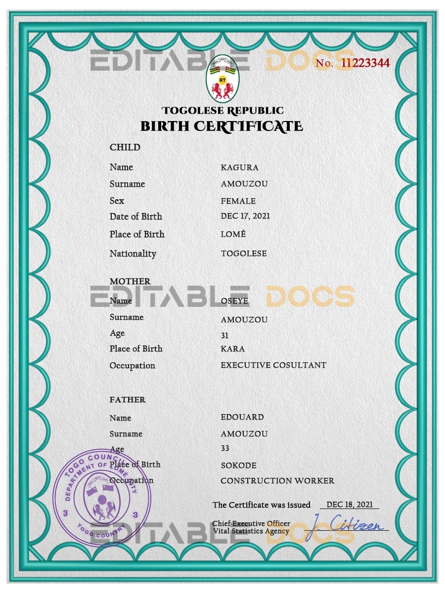 Authentic Togo Birth Certificate Template | Customize and Download Online
