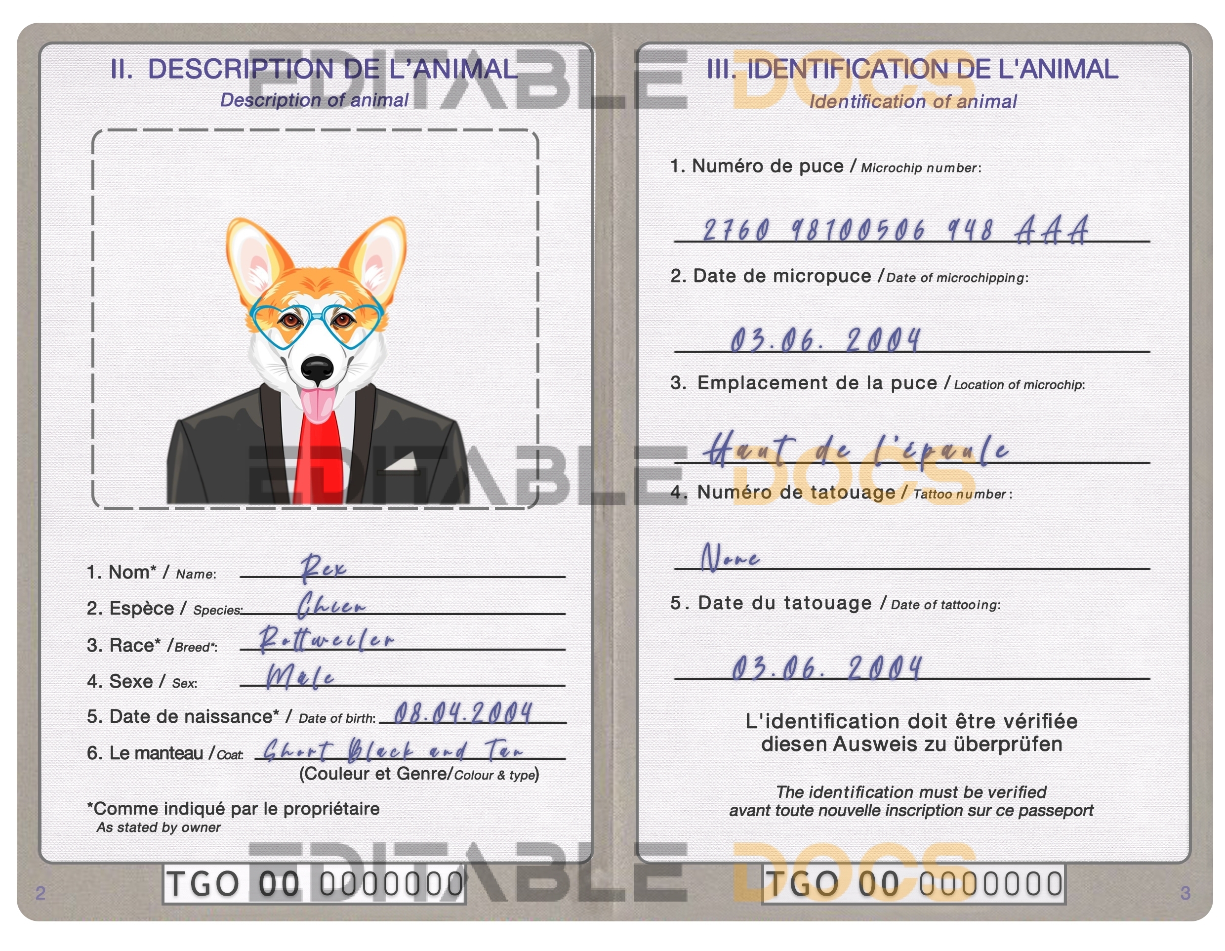 Togo dog Fake PSD Passport | Instant Download