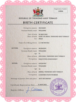 Trinidad and Tobago vital record birth certificate PSD template, fully editable