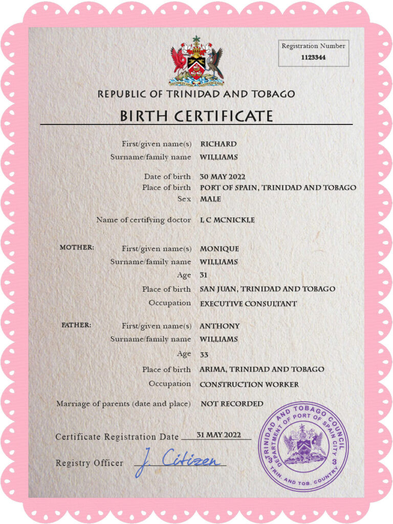 Trinidad and Tobago vital record birth certificate PSD template, fully editable