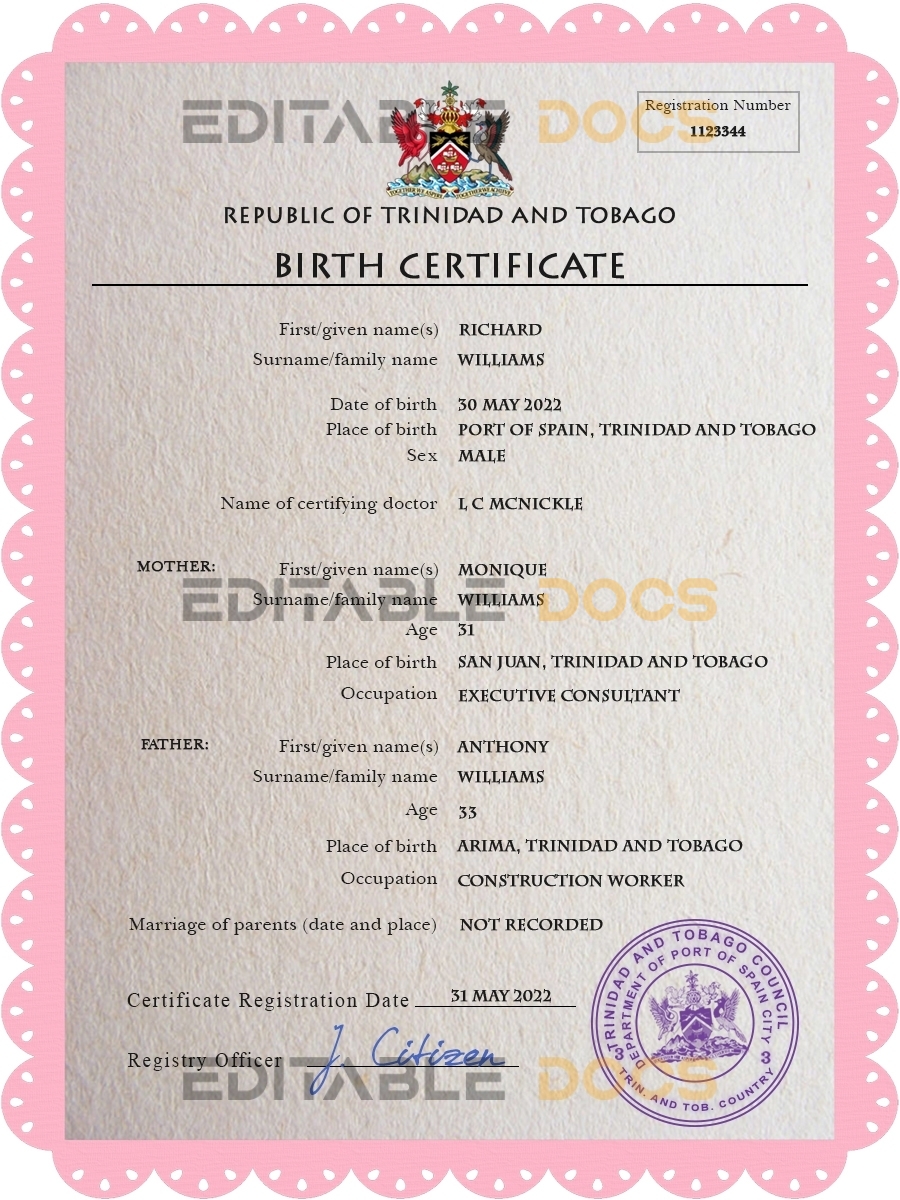 Authentic Trinidad and Tobago Birth Certificate Template | Customize and Download Online