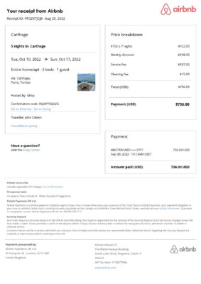 Customizable Tunisia Airbnb Reservation Template | Word & PDF Formats