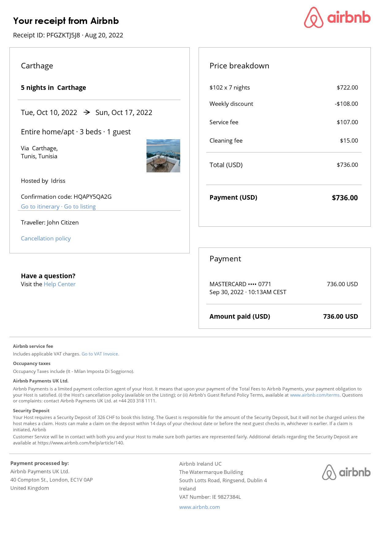 Customizable Tunisia Airbnb Reservation Template | Word & PDF Formats