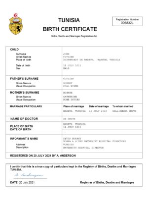 Tunisia vital record birth certificate Word and PDF template, completely editable
