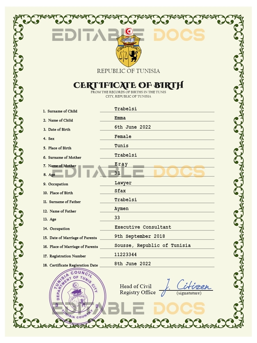 Authentic Tunisia Birth Certificate Template | Customize and Download Online