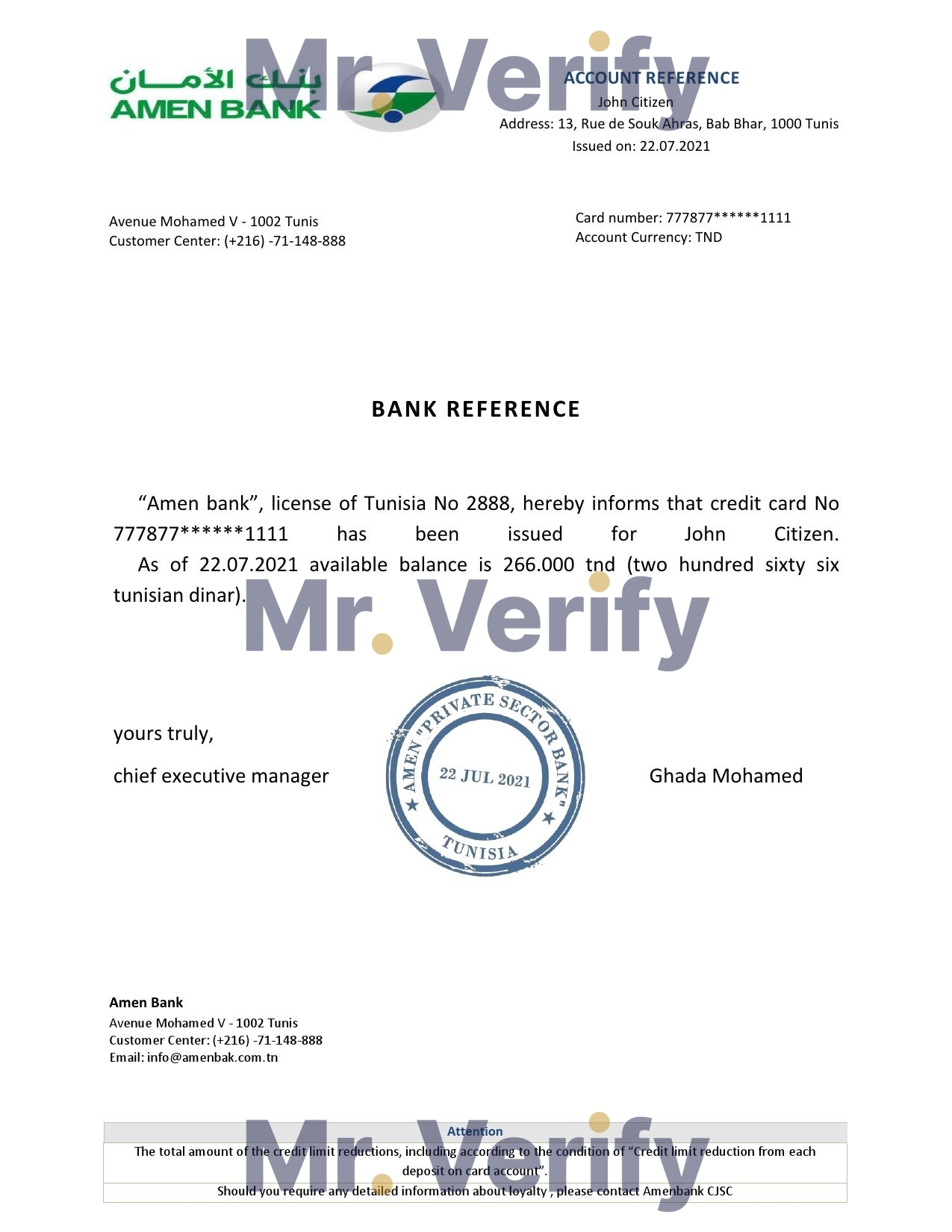 Download Tunisia Amen Bank Reference Letter Templates | Editable Word