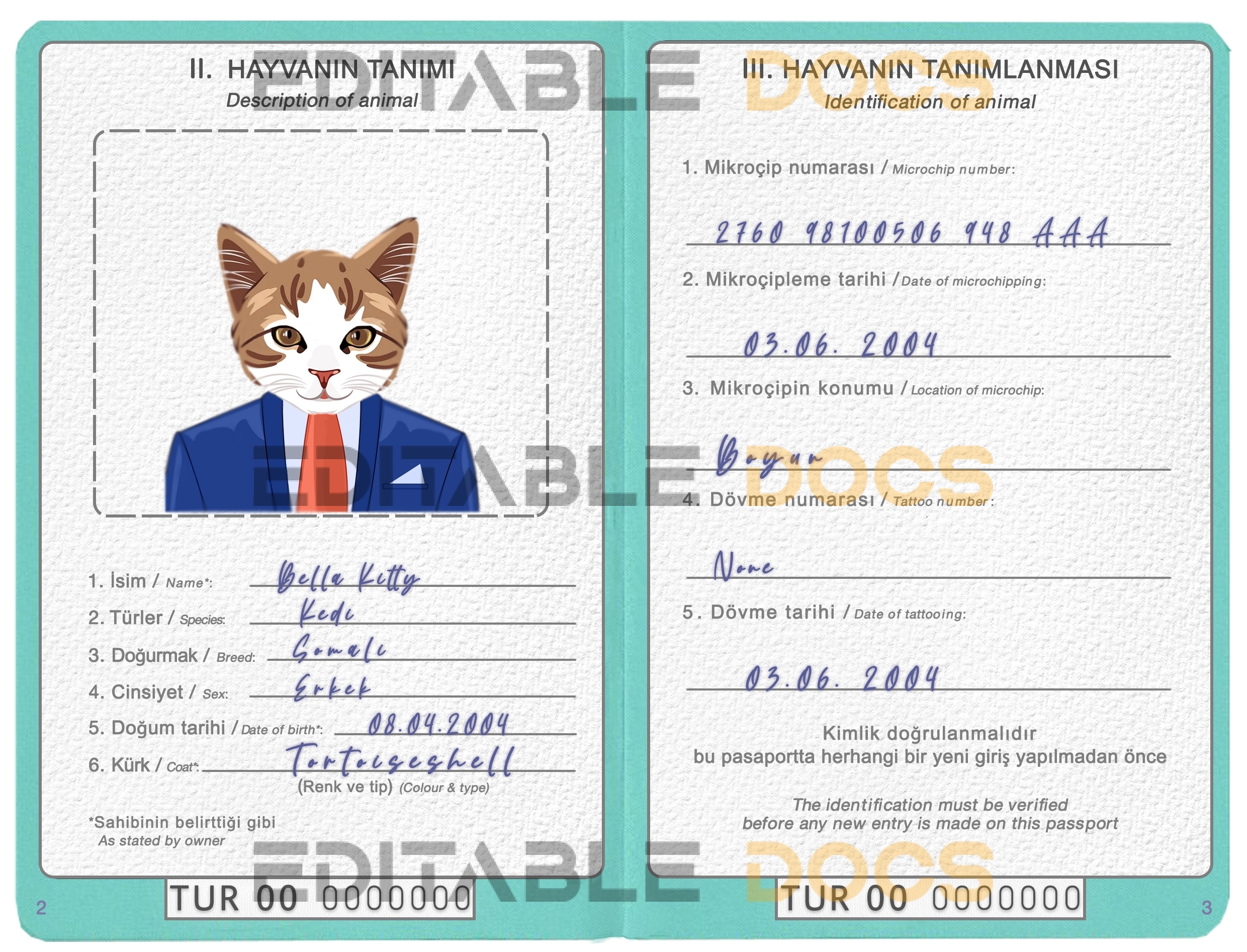 Turkey cat Fake PSD Passport | Instant Download