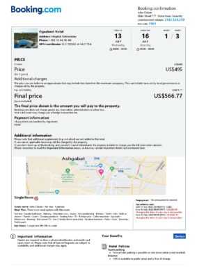 Customizable Turkmenistan Airbnb Reservation Template | Word & PDF Formats