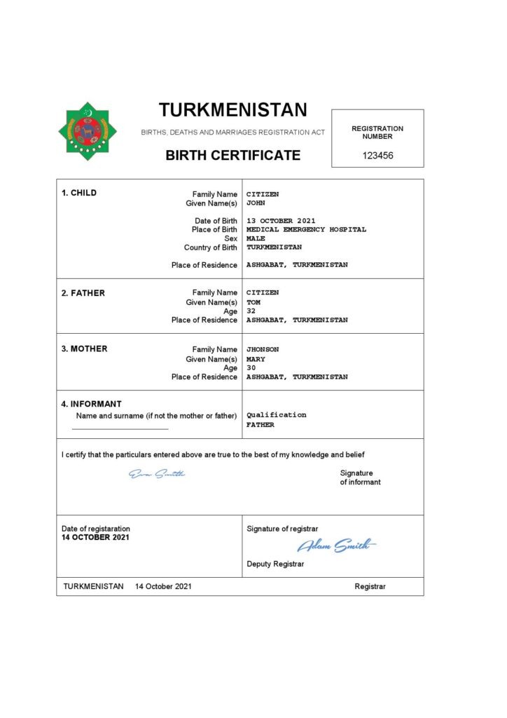 Turkmenistan vital record birth certificate Word and PDF template, completely editable