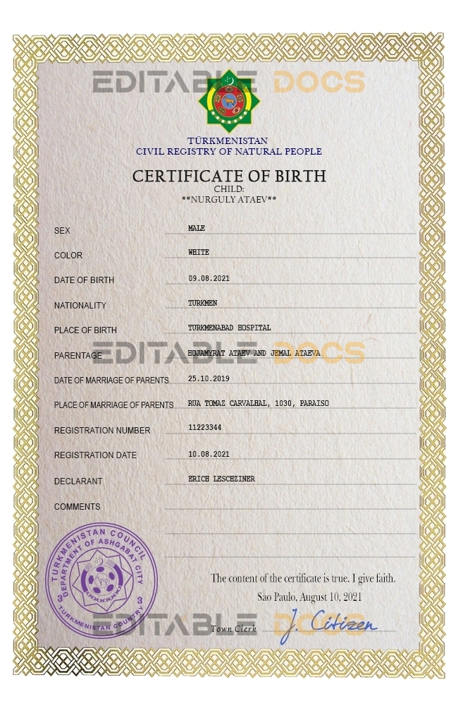 Authentic Turkmenistan Birth Certificate Template | Customize and Download Online