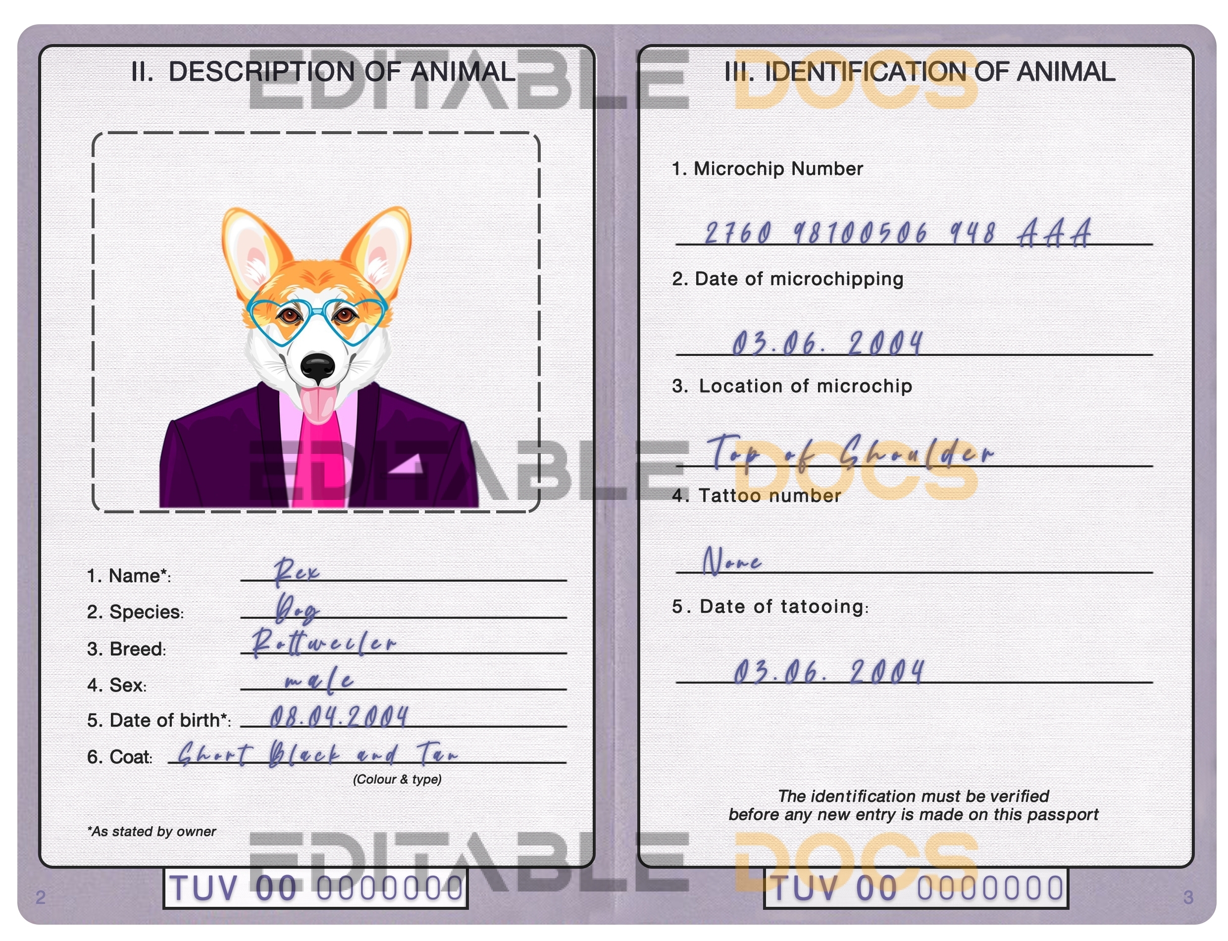Tuvalu dog Fake PSD Passport | Instant Download